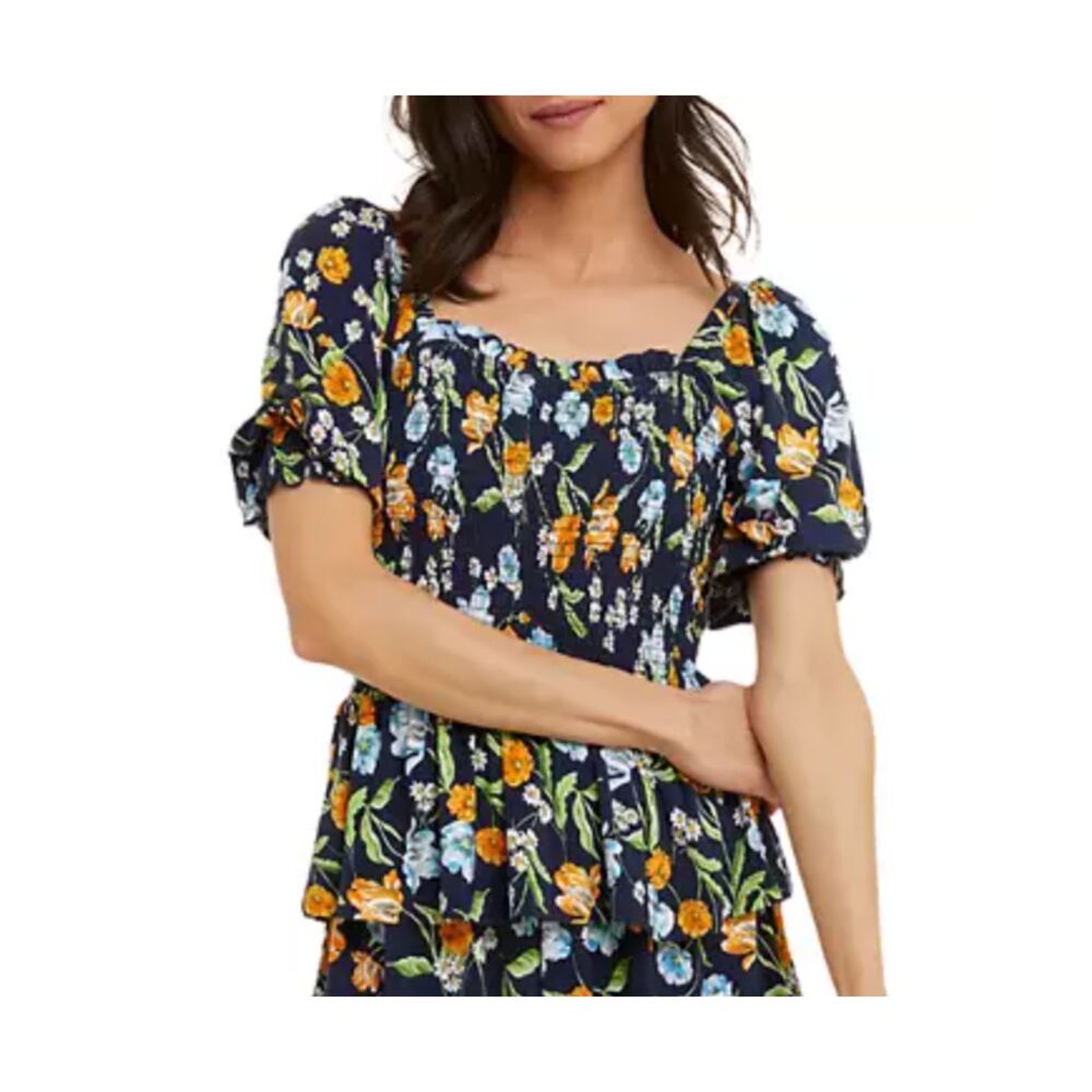 Draper James Dark Blue Floral Puff Sleeve Blouse